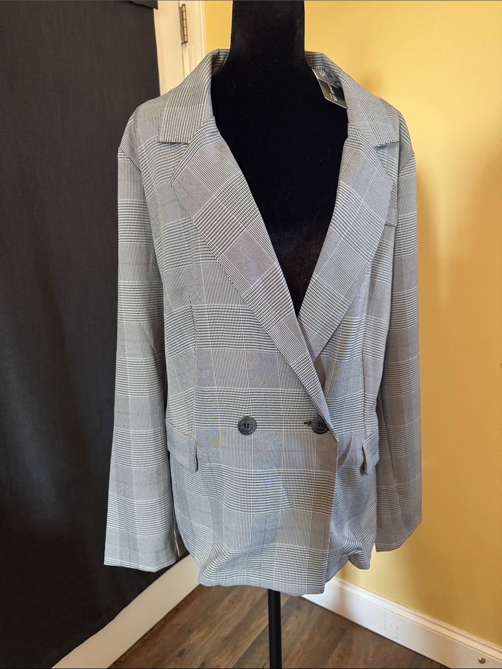 Soho Apparel Grey Plaid Double-Breasted Blazer